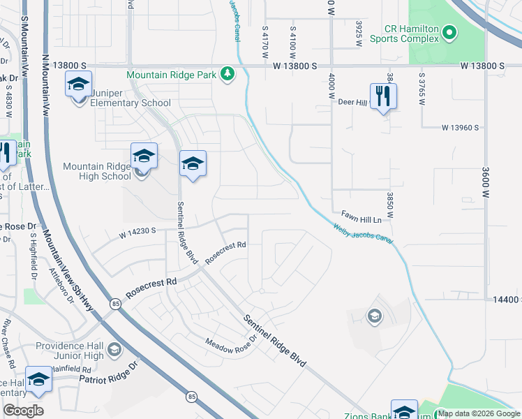 map of restaurants, bars, coffee shops, grocery stores, and more near 4168 West Madingley Circle in Riverton