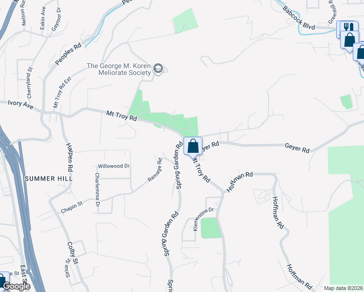 map of restaurants, bars, coffee shops, grocery stores, and more near 3907 Mount Troy Road in Pittsburgh
