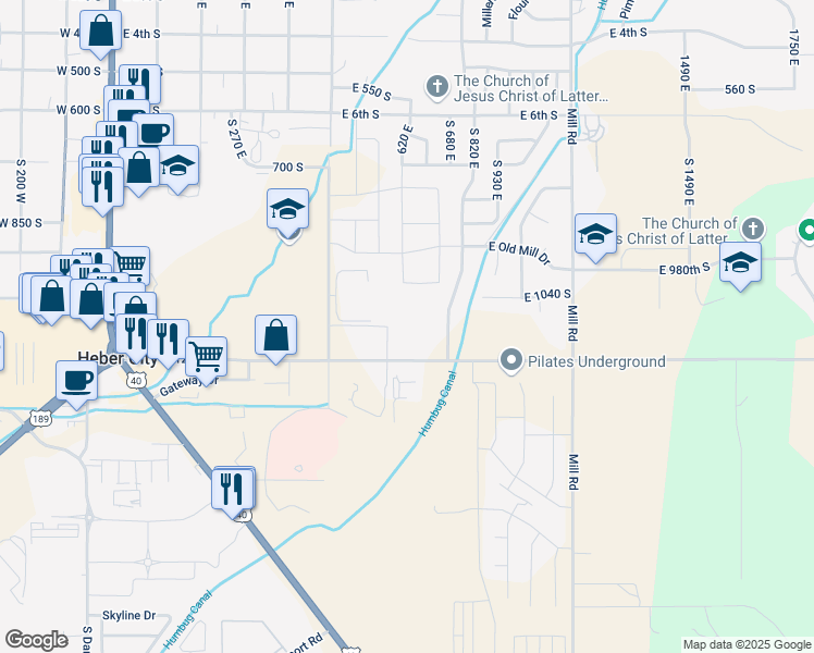 map of restaurants, bars, coffee shops, grocery stores, and more near 1128 South 820 East in Heber City