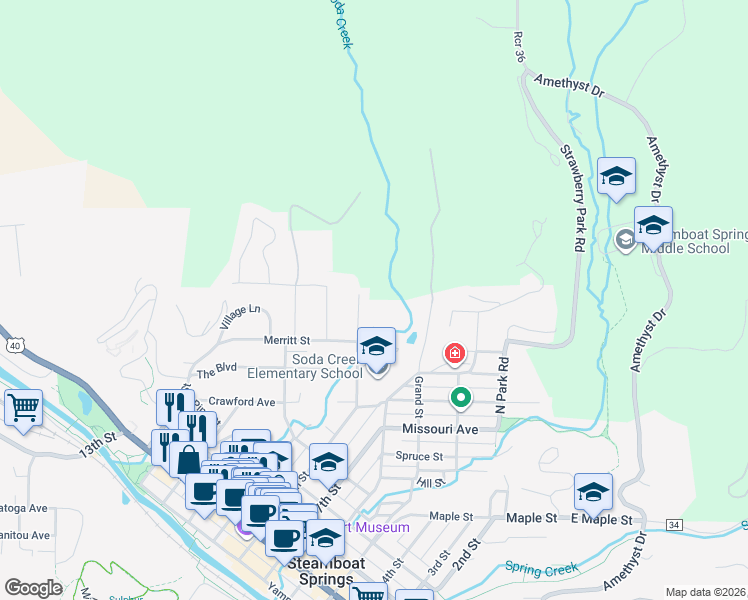 map of restaurants, bars, coffee shops, grocery stores, and more near 864 Pahwintah Street in Steamboat Springs