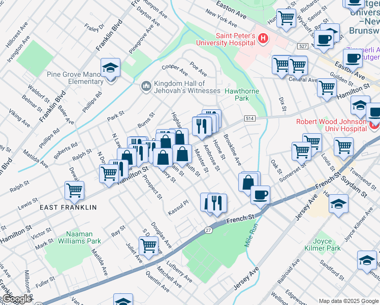 map of restaurants, bars, coffee shops, grocery stores, and more near 559 Hamilton Street in Franklin Township