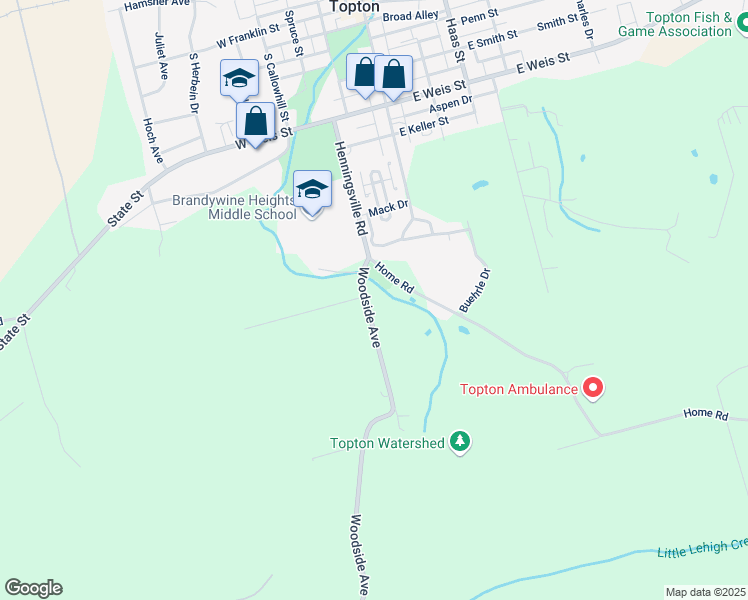 map of restaurants, bars, coffee shops, grocery stores, and more near 703 Woodside Avenue in Mertztown