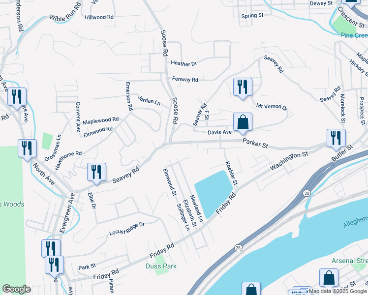 map of restaurants, bars, coffee shops, grocery stores, and more near 425 Parker Street in Pittsburgh