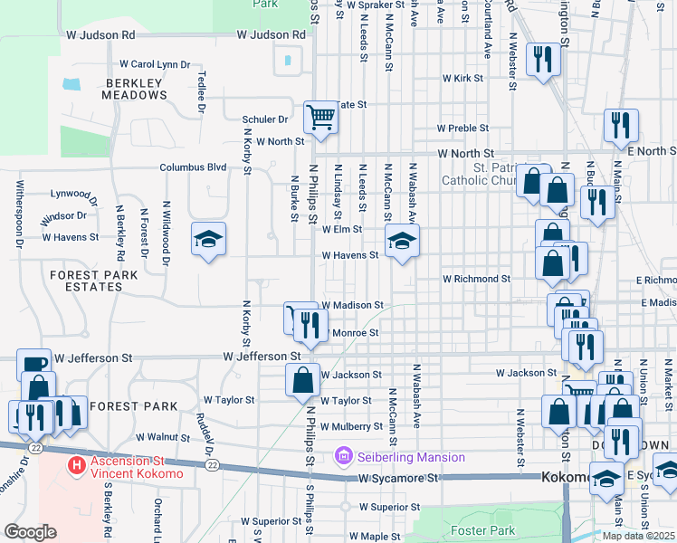 map of restaurants, bars, coffee shops, grocery stores, and more near 909 North Lindsay Street in Kokomo