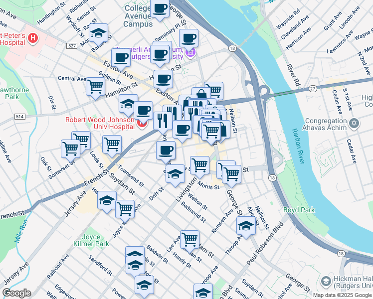 map of restaurants, bars, coffee shops, grocery stores, and more near 86 Bayard Street in New Brunswick