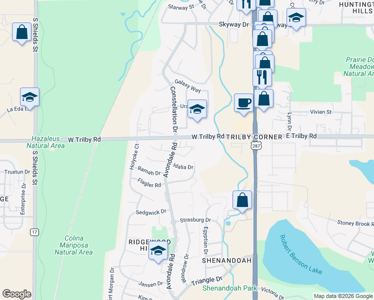 map of restaurants, bars, coffee shops, grocery stores, and more near 309 West Trilby Road in Fort Collins