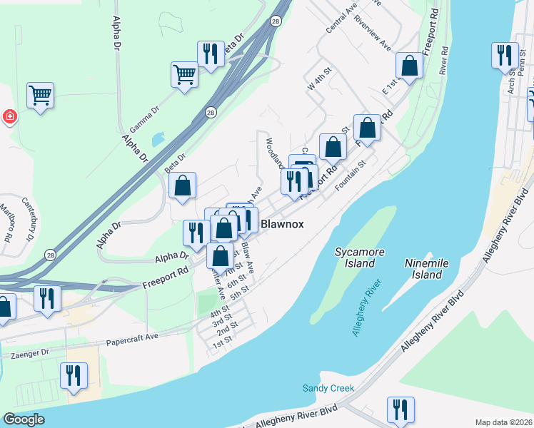 map of restaurants, bars, coffee shops, grocery stores, and more near 335 Freeport Road in Blawnox