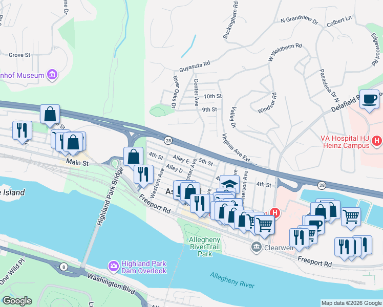 map of restaurants, bars, coffee shops, grocery stores, and more near 515 Center Avenue in Aspinwall