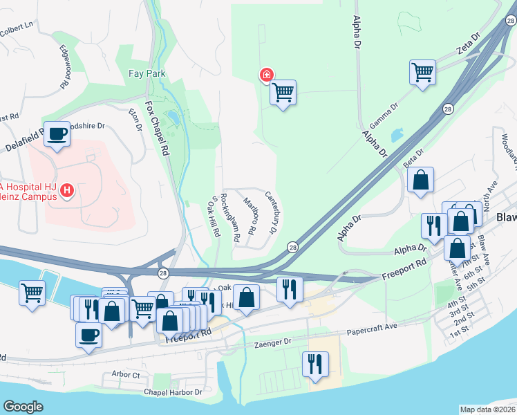 map of restaurants, bars, coffee shops, grocery stores, and more near 118 Marlboro Road in Pittsburgh