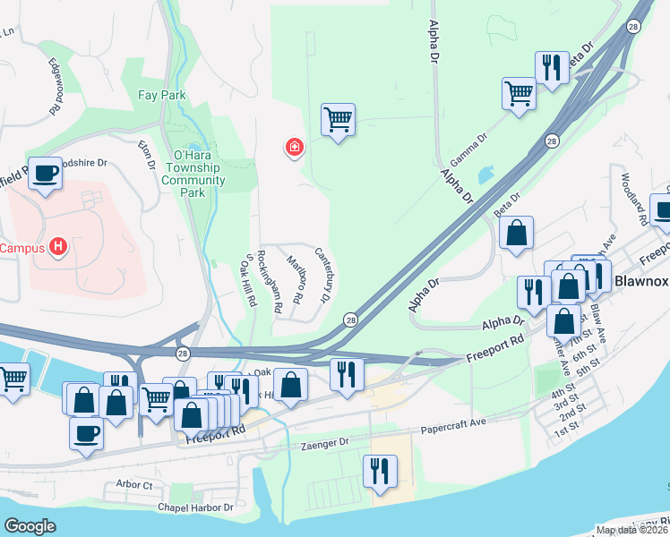 map of restaurants, bars, coffee shops, grocery stores, and more near 330 Canterbury Drive in Pittsburgh