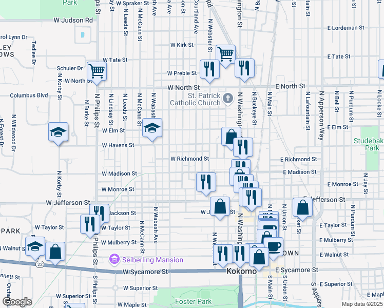 map of restaurants, bars, coffee shops, grocery stores, and more near 913 North Courtland Avenue in Kokomo