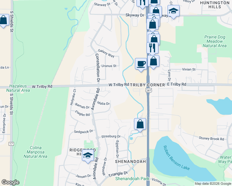 map of restaurants, bars, coffee shops, grocery stores, and more near 309 West Trilby Road in Fort Collins
