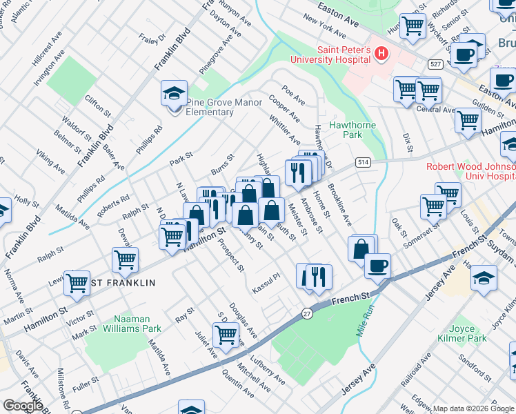 map of restaurants, bars, coffee shops, grocery stores, and more near 14 Dunham Avenue in Franklin Township
