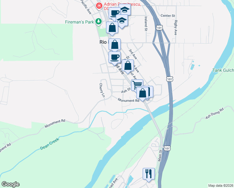 map of restaurants, bars, coffee shops, grocery stores, and more near 209 Ash Street in Rio Dell
