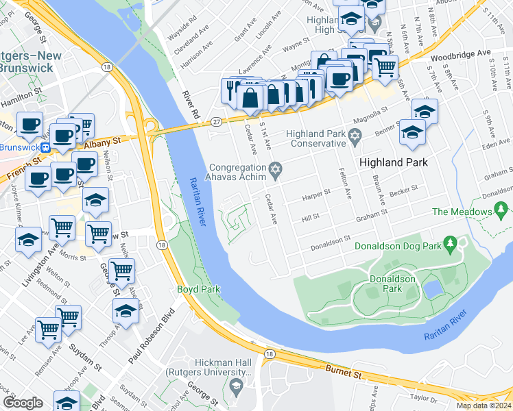 map of restaurants, bars, coffee shops, grocery stores, and more near 109 South Adelaide Avenue in Highland Park