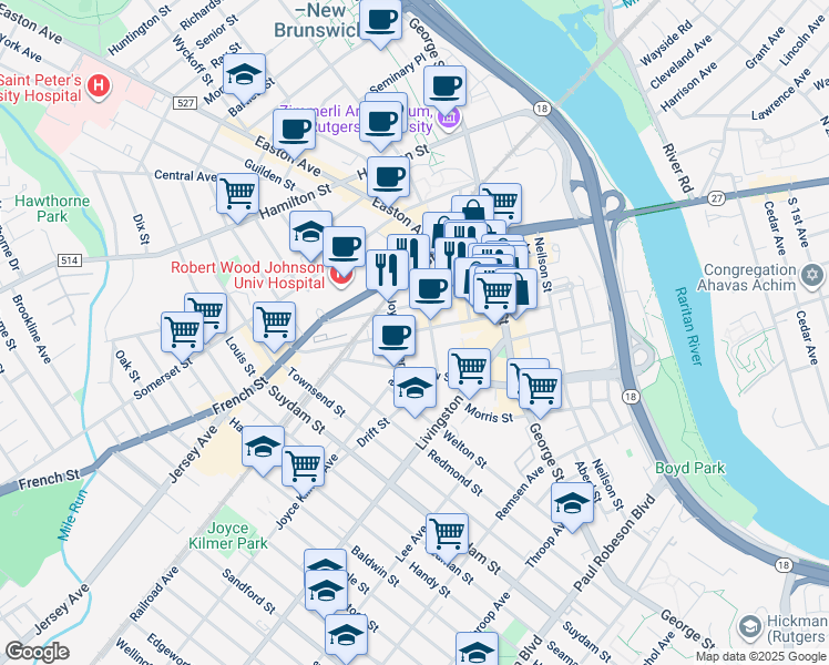 map of restaurants, bars, coffee shops, grocery stores, and more near 51 Kirkpatrick Street in New Brunswick