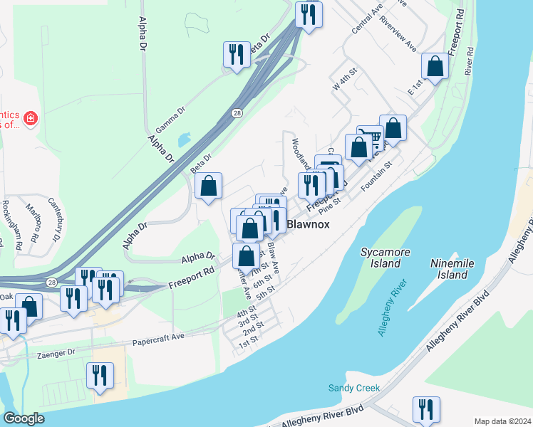 map of restaurants, bars, coffee shops, grocery stores, and more near 274 Walnut Street in Blawnox