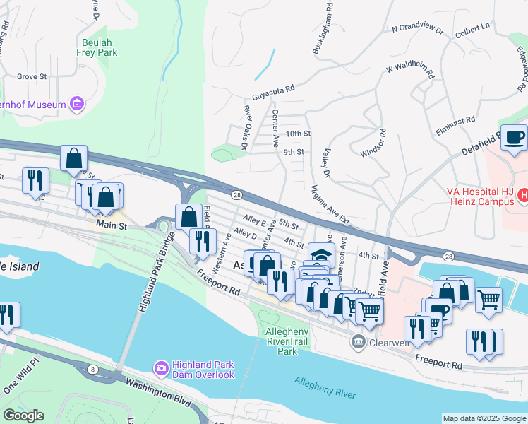 map of restaurants, bars, coffee shops, grocery stores, and more near 121 5th Street in Aspinwall