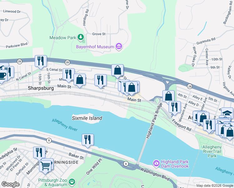 map of restaurants, bars, coffee shops, grocery stores, and more near 110 21st Street in Pittsburgh