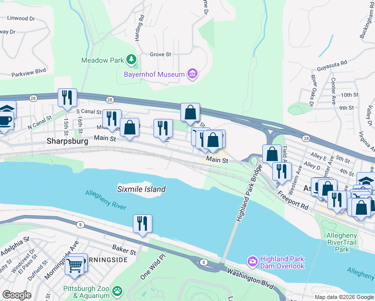 map of restaurants, bars, coffee shops, grocery stores, and more near 110 21st Street in Pittsburgh