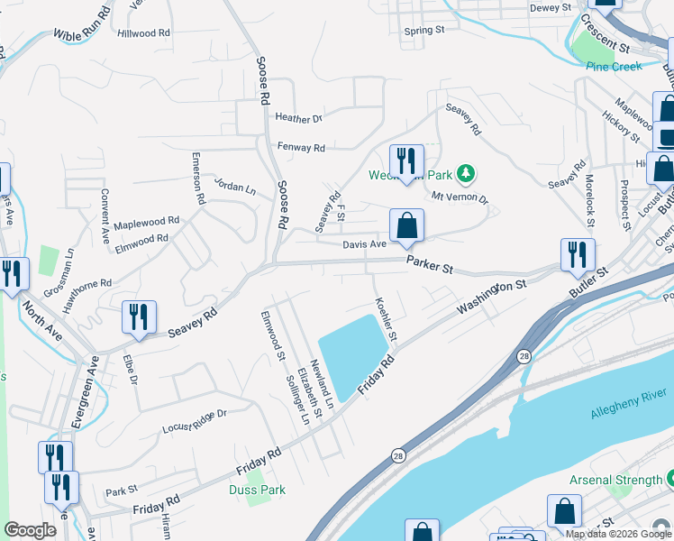 map of restaurants, bars, coffee shops, grocery stores, and more near 337 Parker Street in Pittsburgh