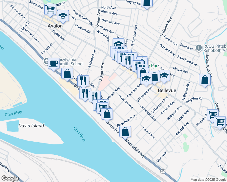 map of restaurants, bars, coffee shops, grocery stores, and more near 609 Division Avenue in Bellevue