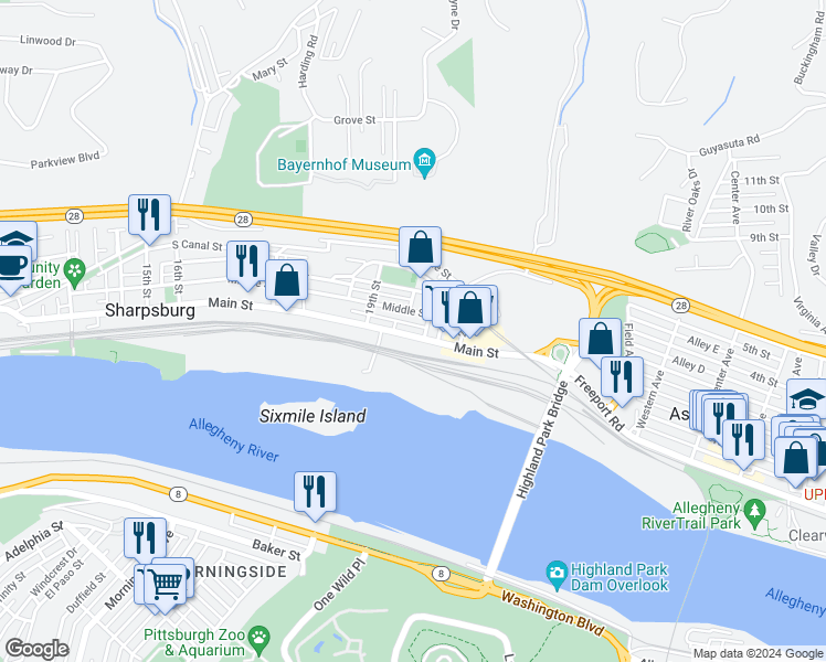 map of restaurants, bars, coffee shops, grocery stores, and more near 110 21st Street in Pittsburgh