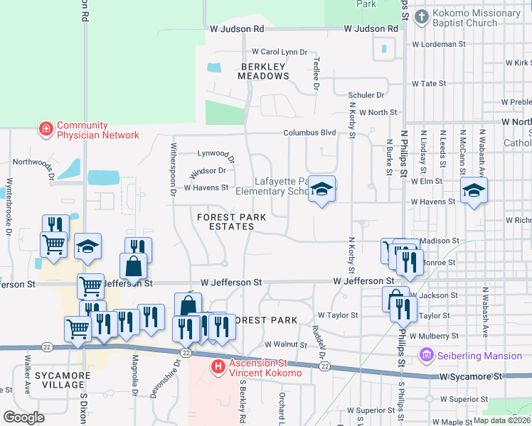map of restaurants, bars, coffee shops, grocery stores, and more near 911 N Forest Dr in Kokomo
