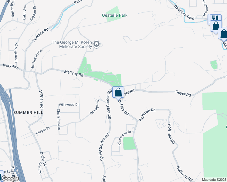 map of restaurants, bars, coffee shops, grocery stores, and more near 3907 Mount Troy Road in Pittsburgh