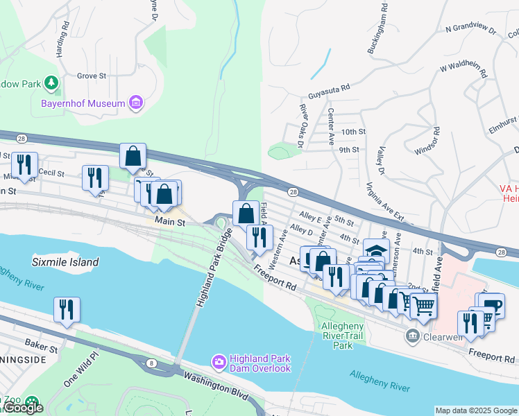 map of restaurants, bars, coffee shops, grocery stores, and more near 375 Field Avenue in Aspinwall