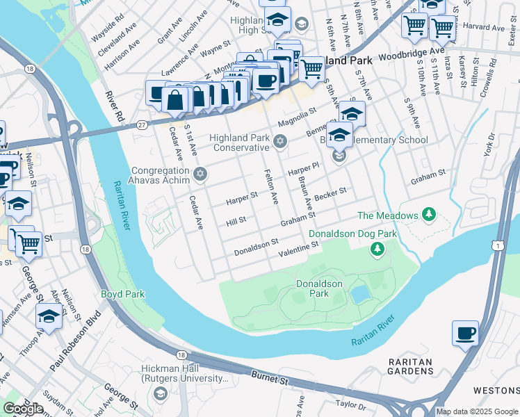 map of restaurants, bars, coffee shops, grocery stores, and more near 485 South 2nd Avenue in Highland Park