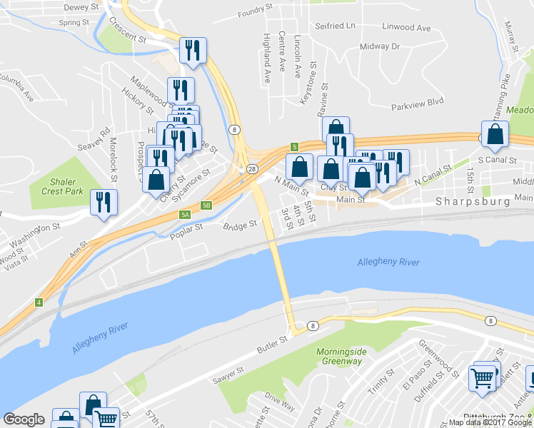 map of restaurants, bars, coffee shops, grocery stores, and more near William Flynn Highway in Sharpsburg