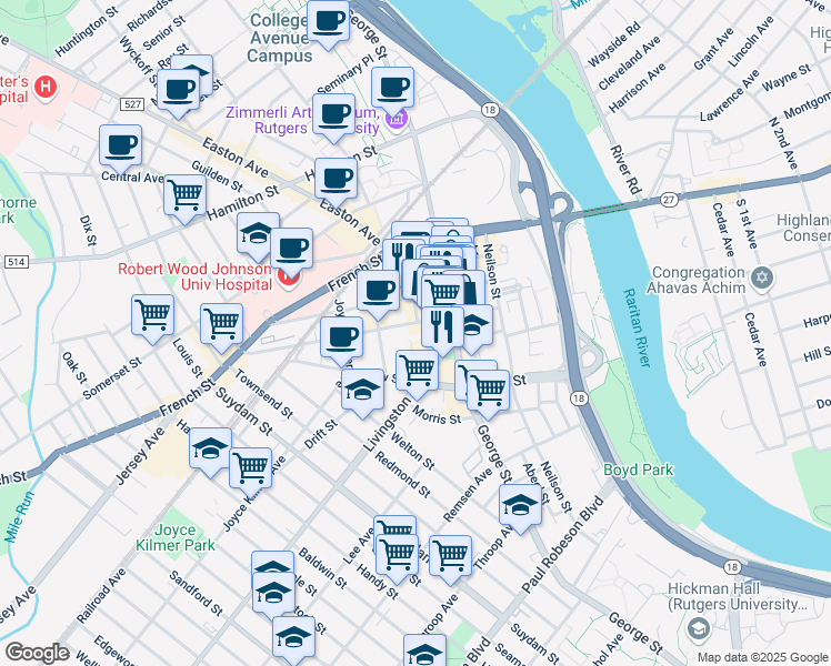 map of restaurants, bars, coffee shops, grocery stores, and more near 70 Bayard Street in New Brunswick