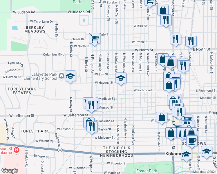 map of restaurants, bars, coffee shops, grocery stores, and more near 913 North Leeds Street in Kokomo