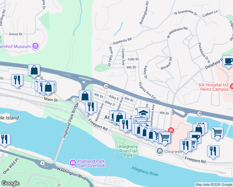 map of restaurants, bars, coffee shops, grocery stores, and more near 127 5th Street in Pittsburgh