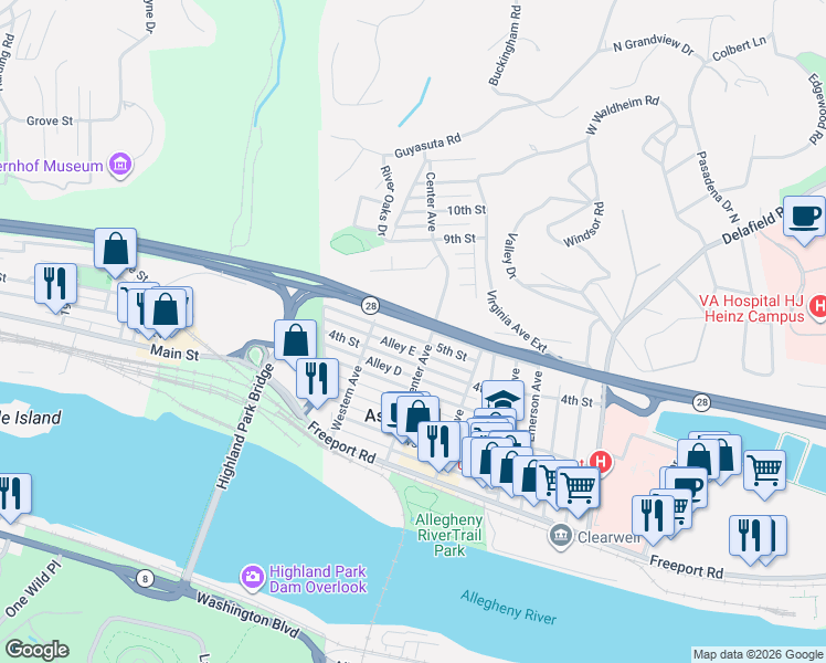 map of restaurants, bars, coffee shops, grocery stores, and more near 121 5th Street in Aspinwall