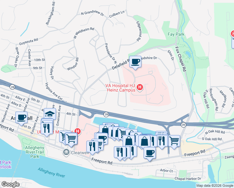 map of restaurants, bars, coffee shops, grocery stores, and more near 144 Riverview Terrace in Pittsburgh