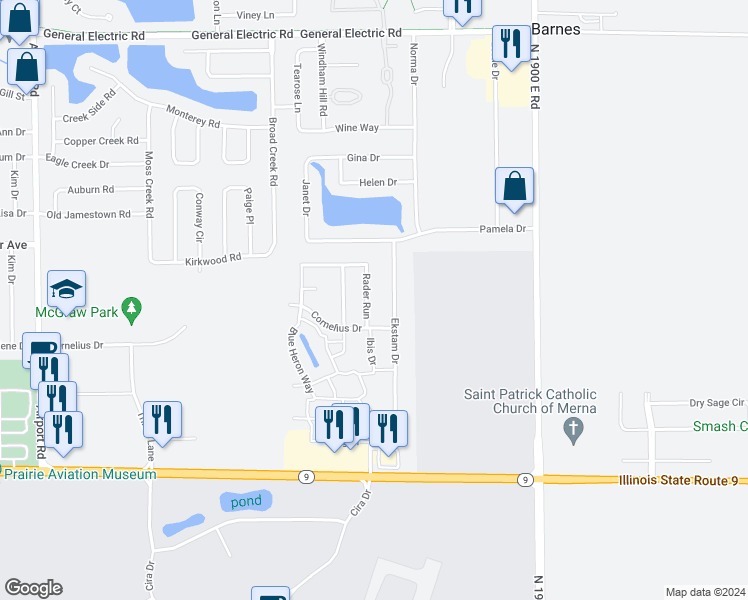 map of restaurants, bars, coffee shops, grocery stores, and more near 1113 Rader Run in Bloomington