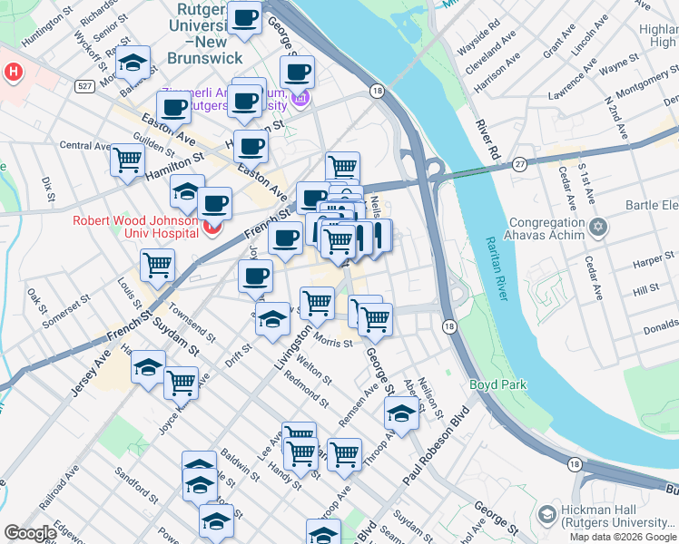 map of restaurants, bars, coffee shops, grocery stores, and more near 338 George Street in New Brunswick