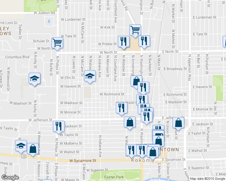 map of restaurants, bars, coffee shops, grocery stores, and more near 913 North Courtland Avenue in Kokomo