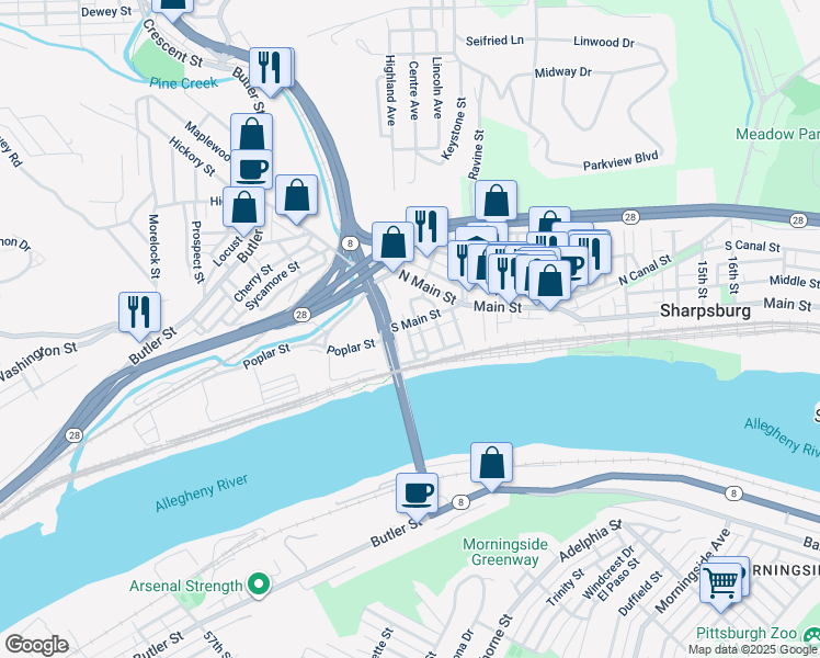 map of restaurants, bars, coffee shops, grocery stores, and more near 201 South Main Street in Sharpsburg