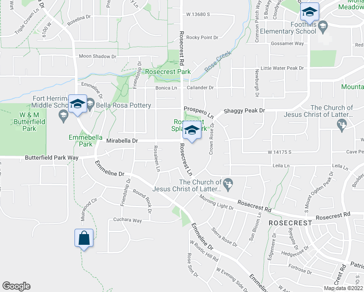 map of restaurants, bars, coffee shops, grocery stores, and more near Rosecrest Lane in Herriman
