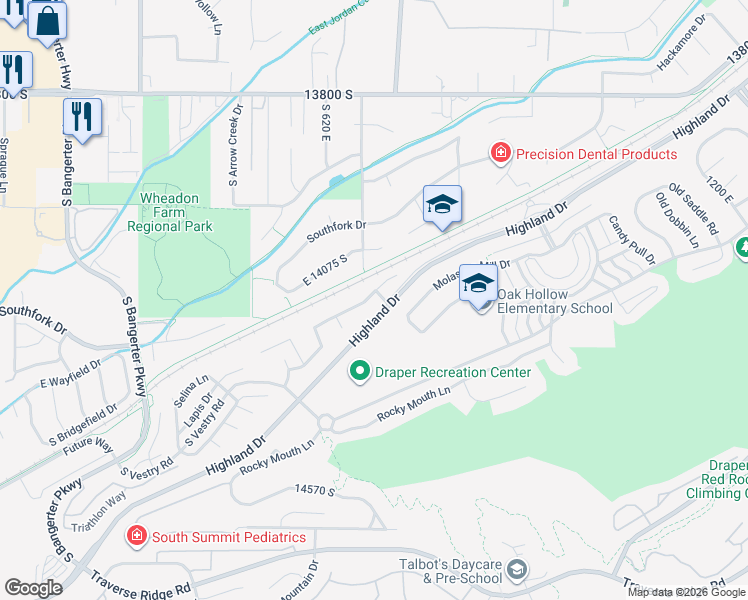 map of restaurants, bars, coffee shops, grocery stores, and more near 668 Rockwell Vista in Draper
