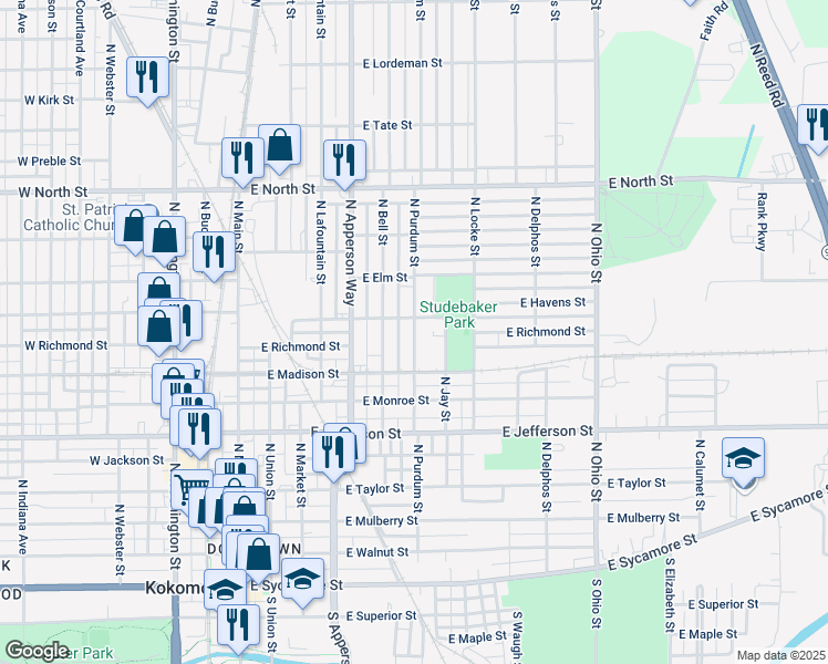 map of restaurants, bars, coffee shops, grocery stores, and more near 915 North Purdum Street in Kokomo