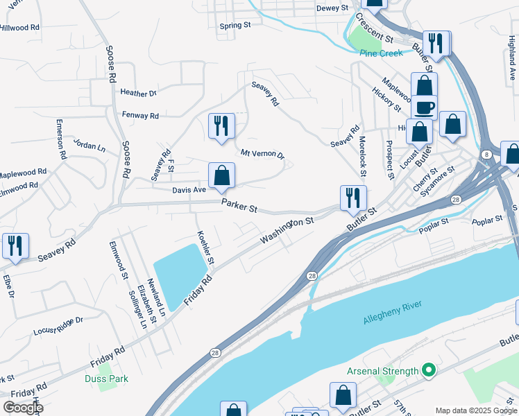 map of restaurants, bars, coffee shops, grocery stores, and more near 130 Parker Street in Pittsburgh