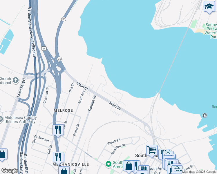 map of restaurants, bars, coffee shops, grocery stores, and more near 101 Main Street in South Amboy