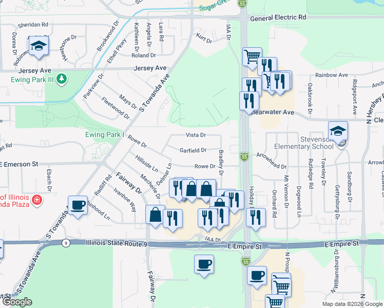 map of restaurants, bars, coffee shops, grocery stores, and more near 317 Garfield Drive in Bloomington