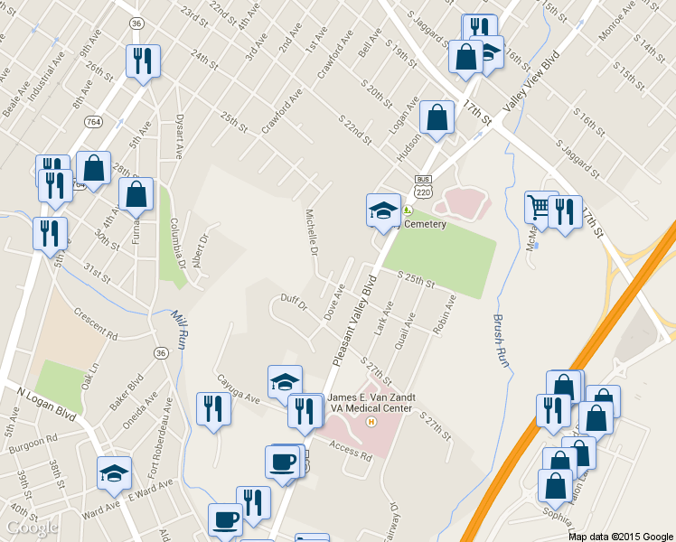 map of restaurants, bars, coffee shops, grocery stores, and more near 2508 Dove Ave in Altoona