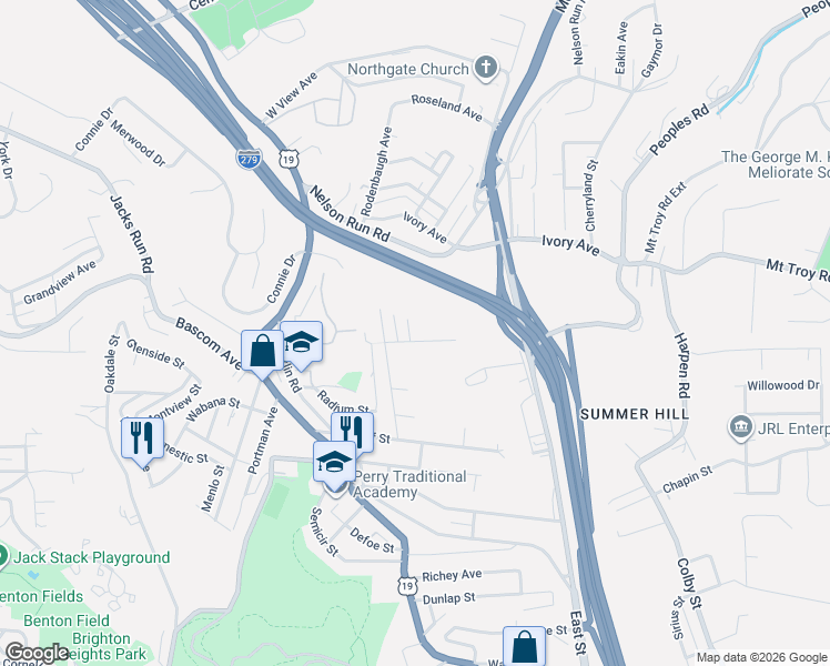 map of restaurants, bars, coffee shops, grocery stores, and more near 4108 Fairbanks Ave in Pittsburgh