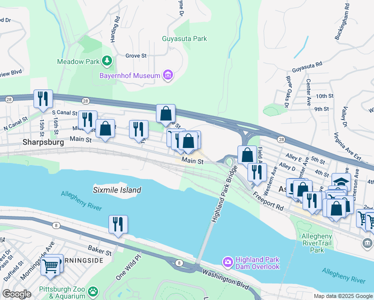 map of restaurants, bars, coffee shops, grocery stores, and more near 120 23rd Street in Sharpsburg